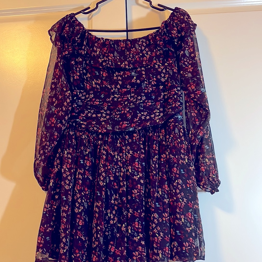 Brand New UO Elaine Dress Black Floral Draped Waist Off Shoulder Size 2 - Picture 5 of 6